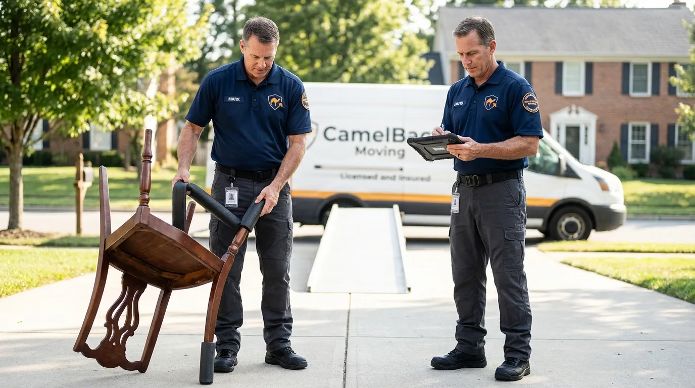 Movers inspecting furniture for damage prevention before loading in Barre, MA