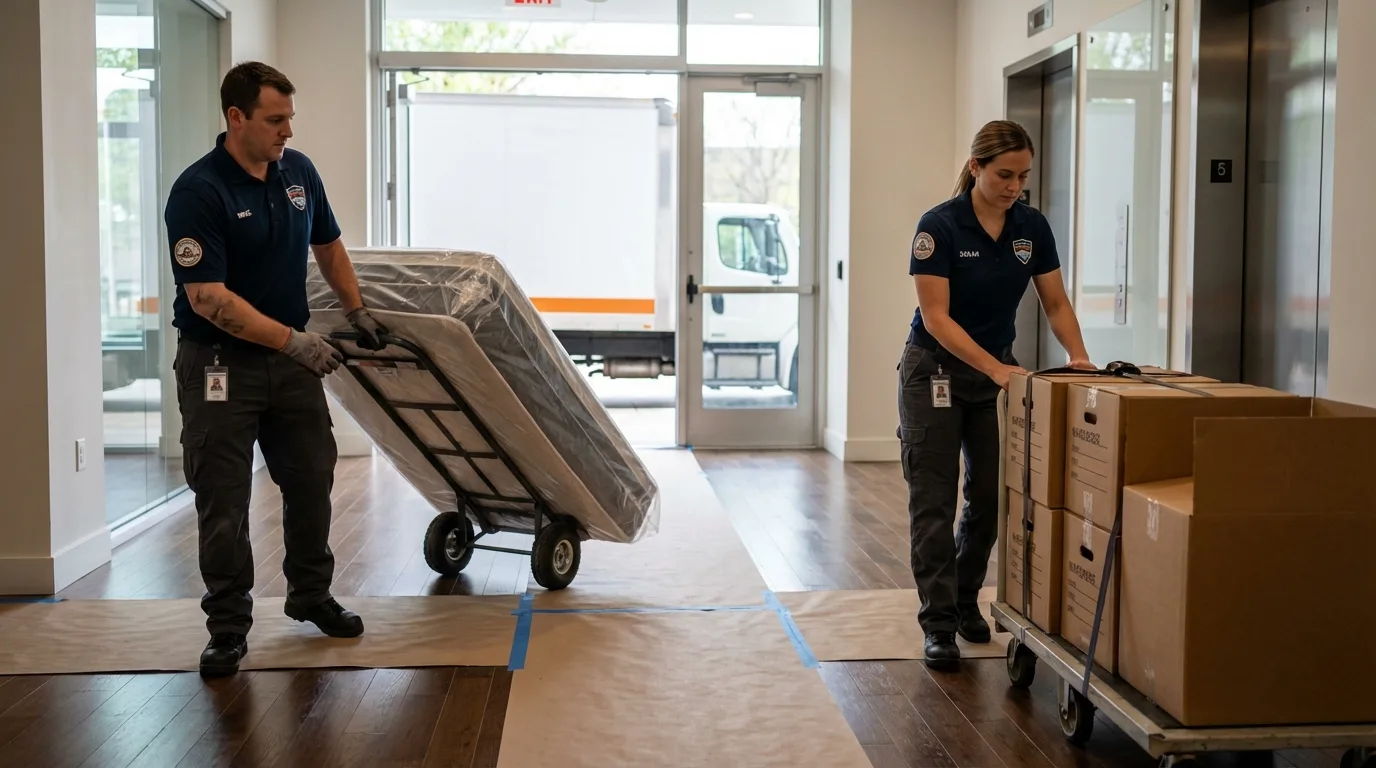 Professional apartment movers loading elevator in Barre, MA