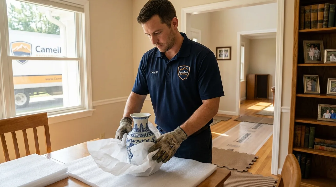 Professional crew carefully wrapping antique vase for senior downsizing move in Barre, MA
