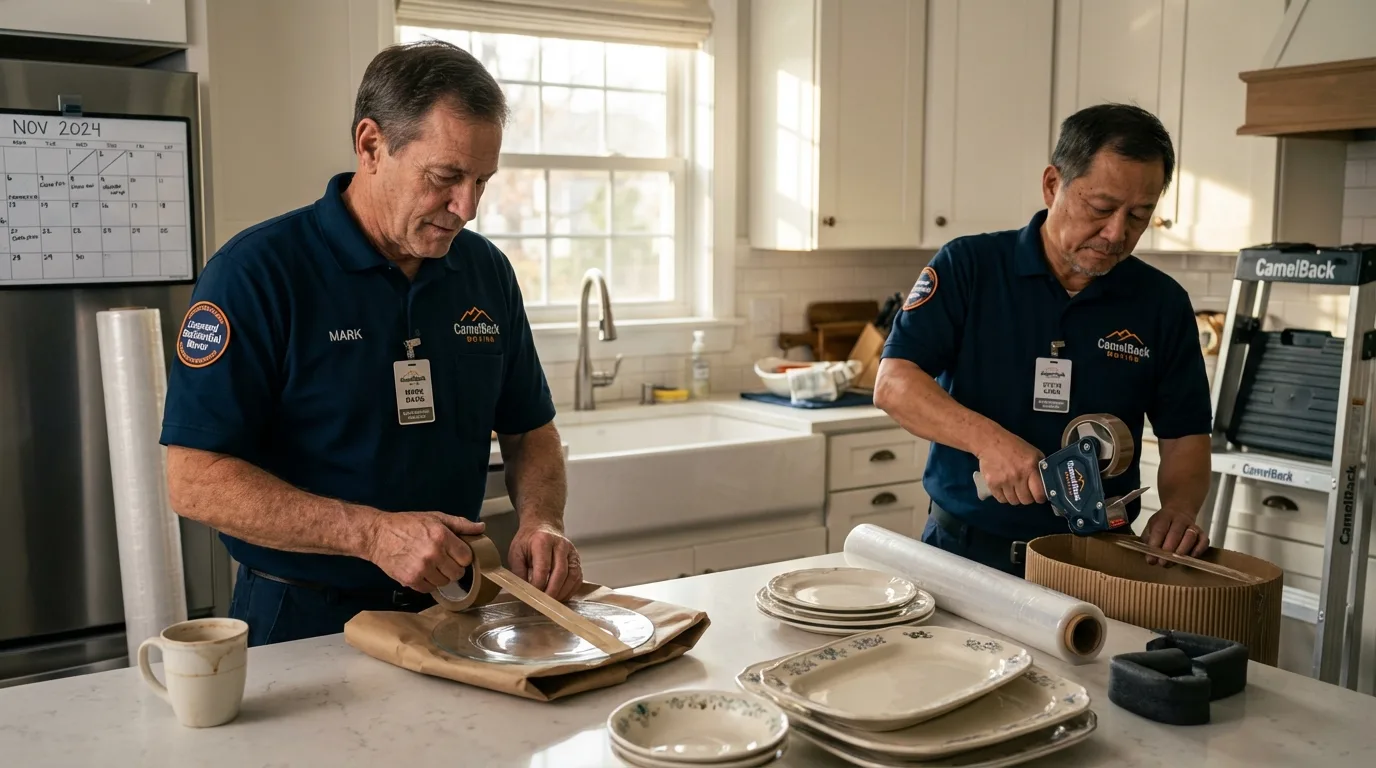 Professional crew packing kitchen dishware in Barre, MA